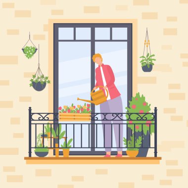 İnsanlar balkondaki çiçeklerle ilgileniyorlar. Vektör çiçek yetiştirme hobisi, evde bahçıvan büyümesi, kadın ve bahçe illüstrasyonu