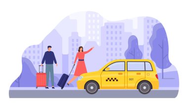 Kadın taksiye binmeye çalışıyor, servis yapıyor. Araba taşımacılığı için vektör durağı, seyahat için karakter yakalama, turist taksi çizimi illüstrasyonu