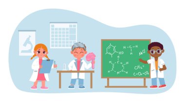 Okullu çocuklar fen laboratuarında ders öğreniyor. Vektör okulu bilim sınıfı eğitimi, laboratuvar kimya illüstrasyonu