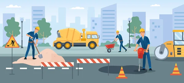 Trabajos Carretera Trabajadores Reparan Calle Renovar Asfalto Vector Reparación Calle — Vector de stock