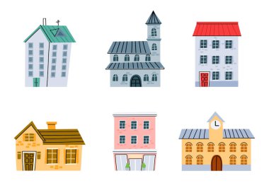 Çizgi film binaları, orijinal evler. Vector City House Street, çizim seti karikatür evi izole edildi