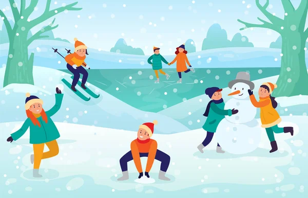 冬天的孩子们参加打雪仗和滑雪活动 病媒冬季活动战斗季节 雪地户外趣味图 使雪人成为雪人 — 图库矢量图片