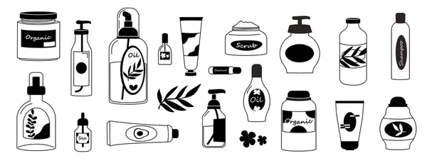 Doodle Cosmetische Verpakking Handgetekende Huidverzorging Make Cosmetica Diverse Milieuvriendelijke Verpakkingen — Stockvector