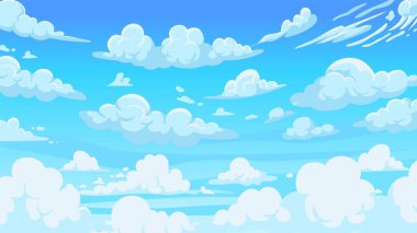Cloudy sky background. Cartoon atmospheric anime scenery with white clouds and sunny blue summer sky. Vector sunny weather landscape illustration. Atmosphere cloud weather sky air