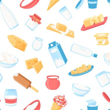 Dairy products pattern. Seamless print of milk in various packages and glass, cheese butter cottage cheese organic farm products. Vector healthy food texture agriculture food seamless illustration