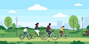 Bisikletli aile. Doğada çocuklarla bisiklet sürmek, anne ve baba, aile karakterleri parkta bisiklete binmek. Bisiklet yaşam tarzının vektör illüstrasyonu