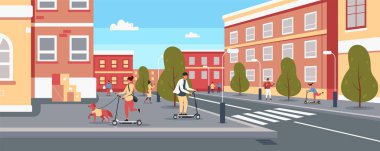 Şehirde mobiletli insanlar var. Çizgi film karakterleri sokak trafiğinde elektrikli scooter kullanıyor, modern şehir ulaşımı, scooter kiralama konsepti. Şehir içi araç illüstrasyonu. Şehir mobiletinde karakter