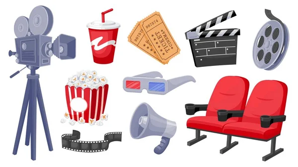 Kreskówkowe Elementy Filmu Kamera Drink Bilety Megafon Clapper Kino Popcorn — Wektor stockowy