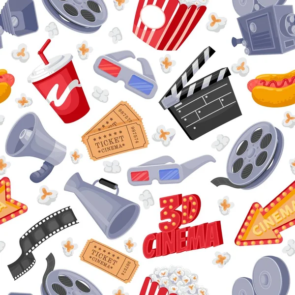 Wzór Elementów Filmowych Bezproblemowe Drukowanie Symboli Filmowych Kinowych Bobbin Biletów — Wektor stockowy