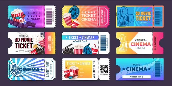 Movie Tickets Cinema Event Coupon Cartoon Icons Retro Entry Admission — Archivo Imágenes Vectoriales
