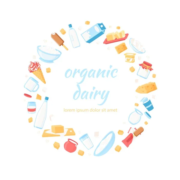 Milk Food Circle Cartoon Dairy Products Placed Shape Healthy Organic — ストックベクタ