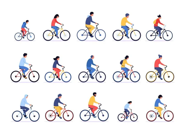 Bisikletli Insanlar Çizgi Filmciler Bisiklete Biniyor Farklı Sporcular Birlikte Bisiklete — Stok Vektör