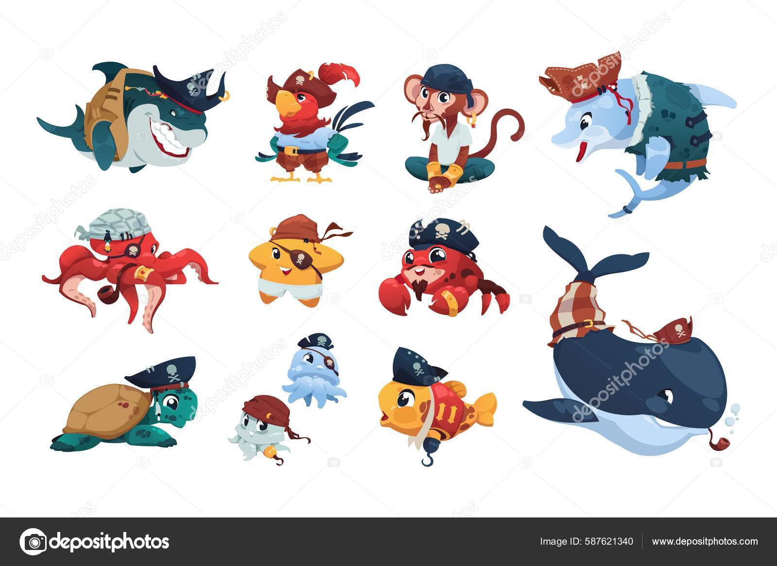Pirate Sea Animals Cartoon Nautical Animals Wearing Pirate Hats