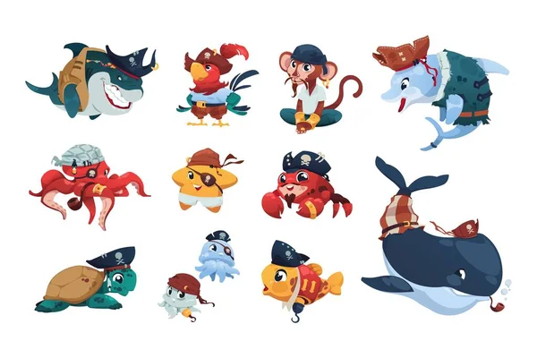 Pirate Sea Animals Cartoon Nautical Animals Wearing Pirate Hats Bandanas — Image vectorielle