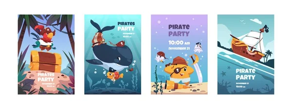 Carteles Animales Piratas Dibujos Animados Lindos Personajes Marinos Trajes Pirata — Vector de stock