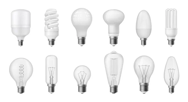 Realistic Light Bulb Different Types Energy Efficient Fluorescent Halogen Incandescent — Image vectorielle