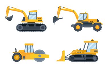 Construction heavy equipment. Cartoon engineering machines for building as excavator, bulldozer, tractor and loader. Yellow industrial vehicles for business isolated on white vector set