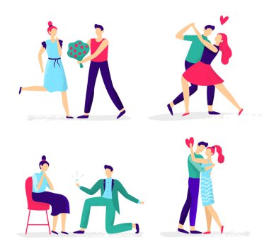 Aşık şirin bir çift, romantik ilişkileri olan insanlar. Erkek kıza çiçek daldırıyor, erkek karakter nişan yüzüğüyle evlilik teklifi yapıyor, yetişkinler dans vektörü seti.