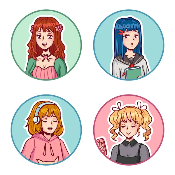 Anime Girls Avatars Manga Female Characters Wearing Various Cute Clothes — Vector de stock