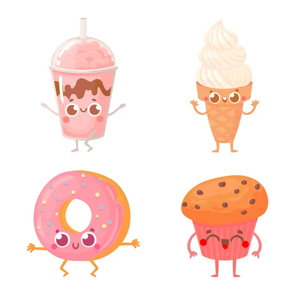 Cartoon Fast Food Cute Drink Snack Characters Cheerful Facial Expressions — Vettoriale Stock