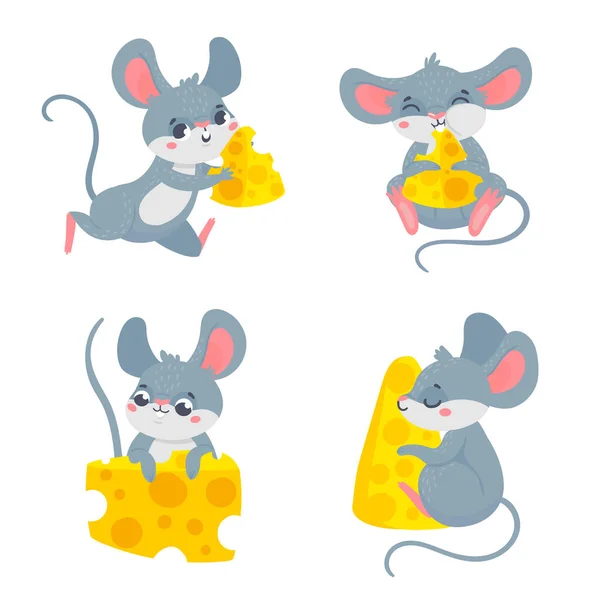 Cartoon Mouse Cheese Cartoon Smiling Characters Holding Food Pieces Playful — Stock vektor