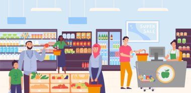 Süpermarketteki insanlar. Baba oğul elma meyvesi seçer, kadınlar sepet dolusu yiyecek taşır. Erkek karakter ürünleri tramvaydan kasaya öder. Mağaza vektör illüstrasyonunda satın alınıyor