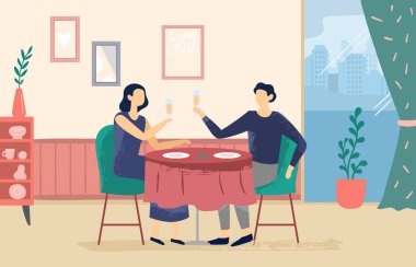Romantic couple at restaurant. Female and male characters sitting at table and drinking champagne in cafe. Man and woman having date or celebrating anniversary, valentine holiday vector