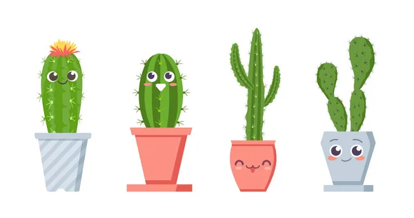 Cute Cactus Faces Succulent Pot Plants Characters Positive Emotions Smiling — Stock vektor