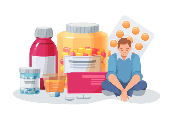 Καταθλιπτικό Άτομο Που Κάθεται Κοντά Μεγάλα Μπουκάλια Χάπια Στρεσαρισμένος Άνθρωπος — Διανυσματικό Αρχείο