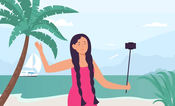 Girl Blogger Record Travel Vlog Hold Phone Selfie Stick Female — ストックベクタ