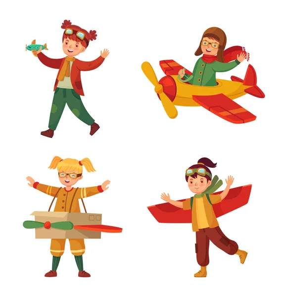 Kinder Pilotenkostümen Mit Spielzeugflugzeug Aus Kartonschachtel Träumen Vom Piloten Kleine — Stockvektor