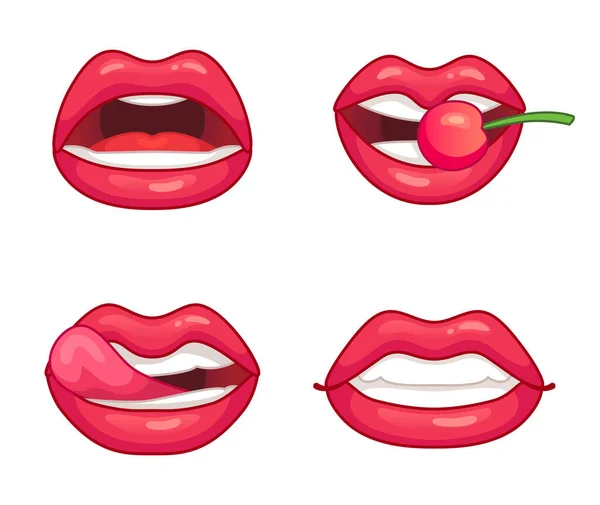 Lips Collection Glossy Sexy Female Lips Pink Lipstick Different Expressions — Vector de stock