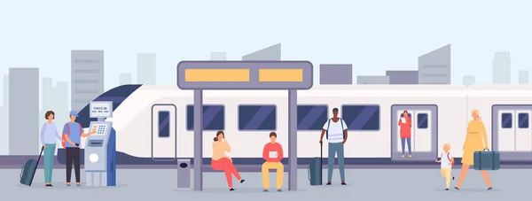 Gente Estación Personajes Femeninos Masculinos Con Equipaje Espera Transporte Estación — Vector de stock