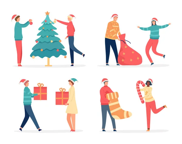 Happy People Celebrating Christmas Scenes Male Female Characters Decorating Fir — Archivo Imágenes Vectoriales