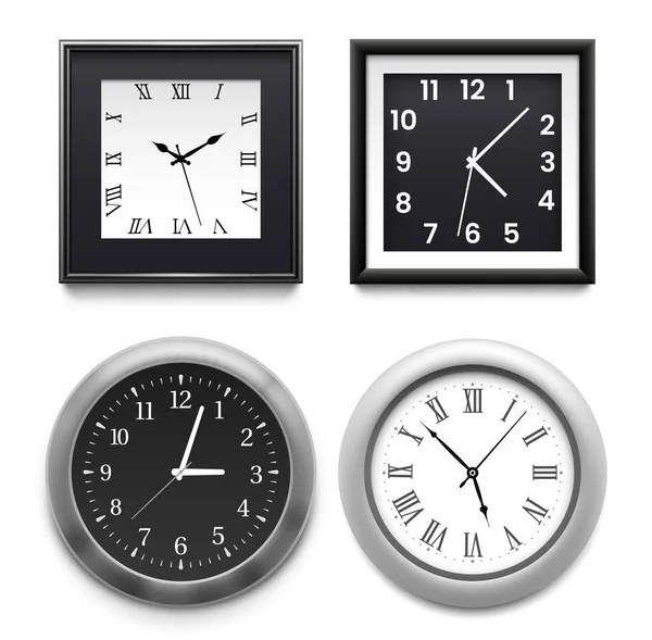Relógios Parede Realistas Escritório Prata Redonda Quadrada Moderna Relógios Casa —  Vetores de Stock
