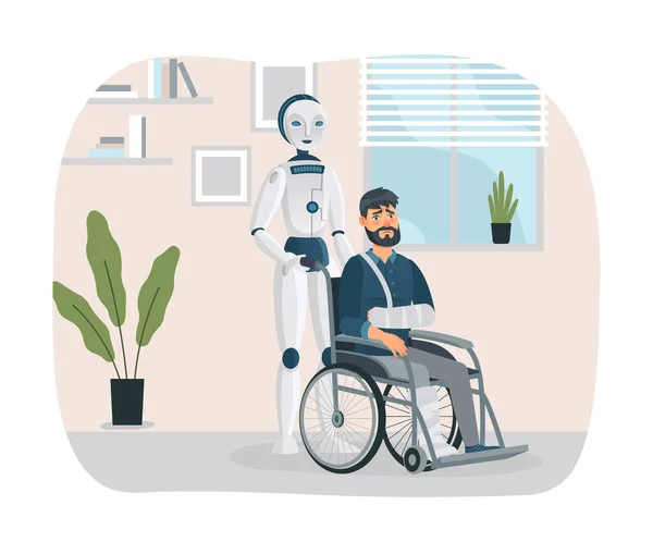 Robot Interact Handicapped Person Cartoon Cyborg Pushing Man Arm Leg — Archivo Imágenes Vectoriales