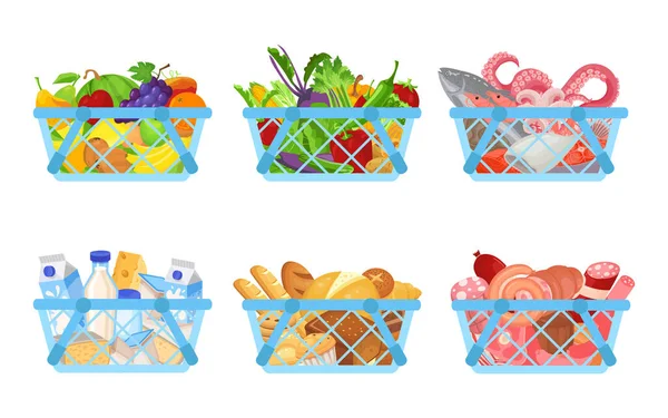 Conjunto Cestas Llenas Productos Como Frutas Verduras Mariscos Diario Productos — Vector de stock