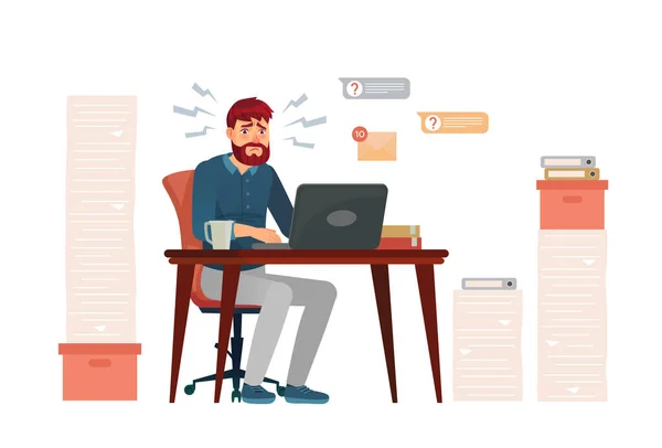 Fazla Mesai Yapan Stresli Çalışanlar Oturan Adam Dizüstü Bilgisayarla Arıyor — Stok Vektör