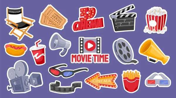 Elementy Kina Produkcja Filmów Animowanych Kino Naklejki Clapper Popcorn Aparat — Wektor stockowy