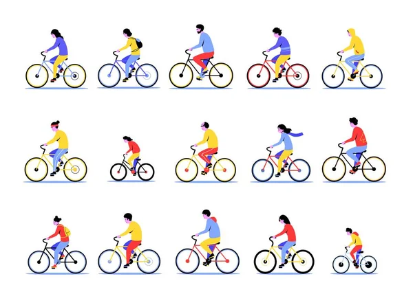 Bisikletli Adam Çizgi Filmdeki Aktif Erkek Kadınlar Bisiklete Biniyor Çeşitli — Stok Vektör
