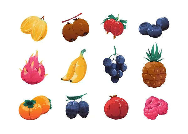 Cartoon Fruits Collection Highly Detailed Game Sweet Organic Snacks Kiwi — Image vectorielle