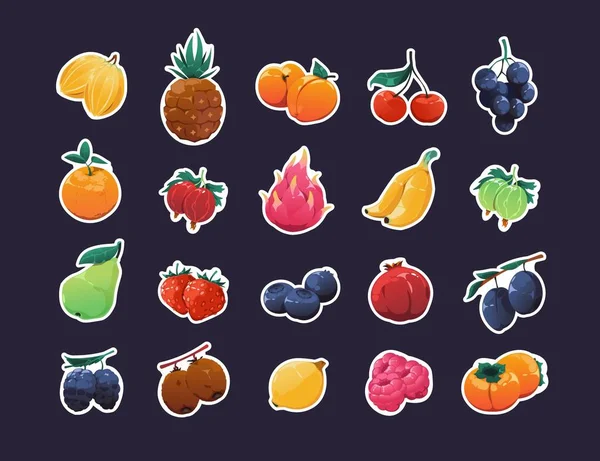 Autocollants Fruits Bande Dessinée Paquet Graphique Fruits Biologiques Colorés Frais — Image vectorielle