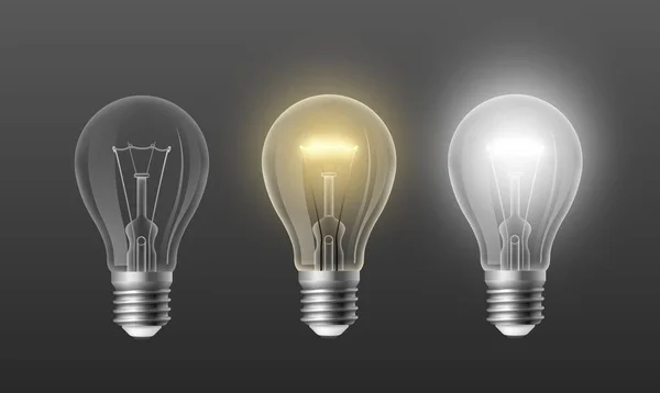 On off light bulb. Realistic retro incandescent lamp glowing withe and yellow light on transparent background. Vector idea and knowledge concept. Illustration of transparent realistic halogen