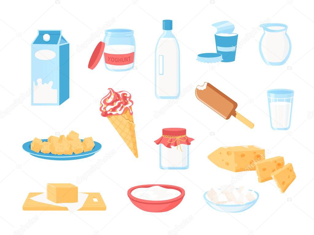 Milk products. Cartoon dairy farm food, organic cheese creams ice cream butter yoghurt in glass bottle and plastic packaging. Vector healthy food with calcium set. Illustration of farm organic food