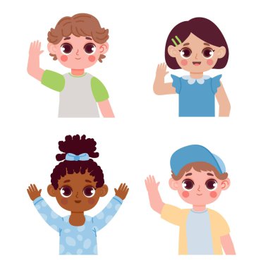 Cartoon children hello by waving hands. Different female and male smiling kids with welcoming gesture. Little boys and girls portraits with happy facial expressions isolated vector set