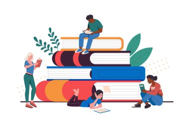 Cartoon young people read books. Female and male student characters studying or preparing for exam. Readers sitting on stack of giant books, lying and standing on floor with literature vector