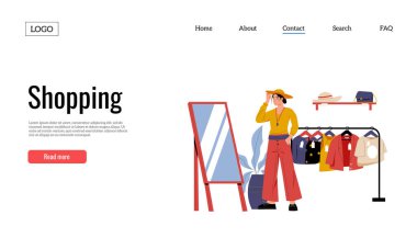 Clothing shop. Woman trying on new clothes in front of mirror. Fashion boutique with jackets and t-shirts on hangers, accessories on shelf landing page. Stylish female character in store vector