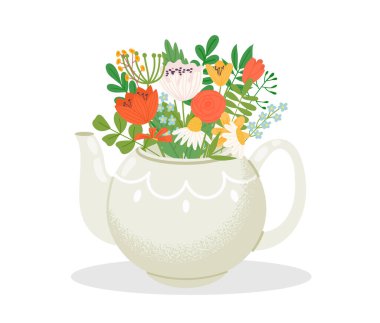 Cute teapot with bouquet of flowers. Kitchenware with plants and blossom as daisy and tulip for home decor. Teatime concept, spring floral composition with blooming vector illustration