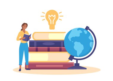 Education concept. Woman reading book. Female character standing near stack of textbooks and globe, studying concept. Student preparing for exam, learning and getting knowledge vector