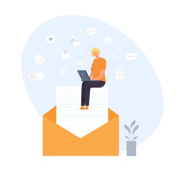 Email and messaging concept. Woman sitting on big envelope and working at laptop. Cartoon female character receiving letters and notifications from social media, email marketing vector